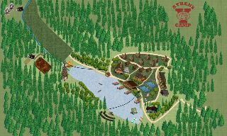 Illustrated map of Athens YMCA Camps showing cabins, lake, activity areas, and camp facilities